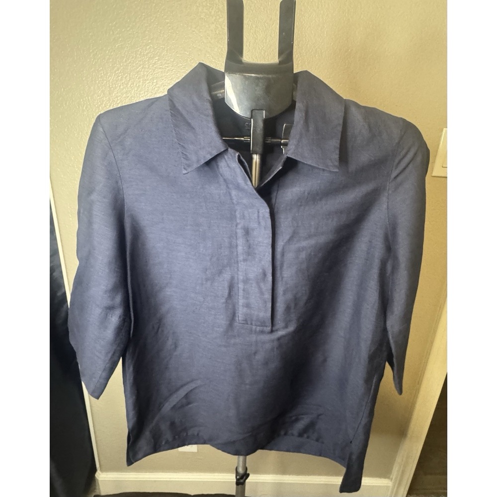 COS Navy Linen Blend Blouse Women Small EU38 Minimalist Collared Top Chic